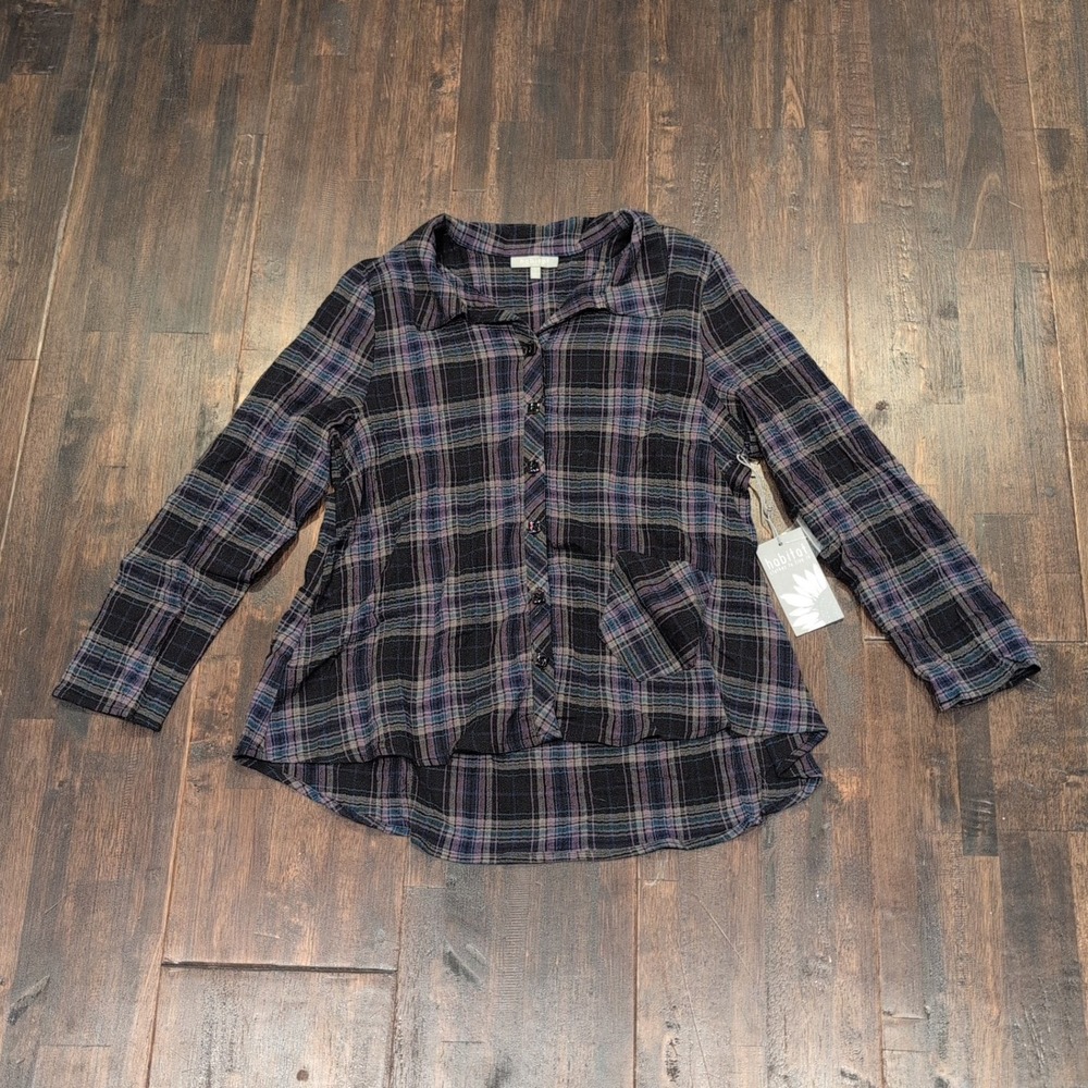 New Habitat Plaid Flannel Button Up Shirt Purple Black Womens S Flowy Boho Tunic